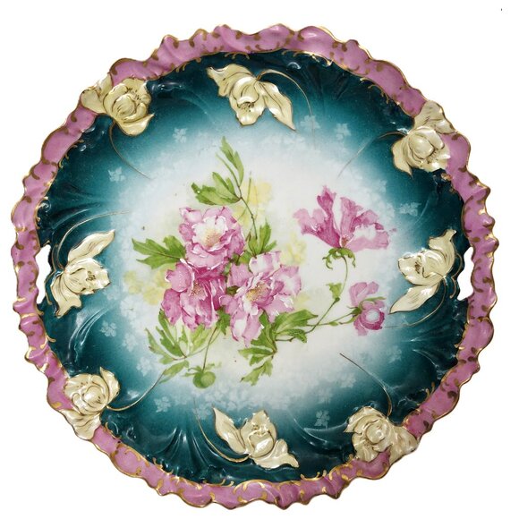 Antique RARE Made In Austria 3172 Hand Painted Floral Cake Plate w/Gold Leaf - Picture 1 of 9